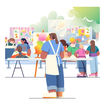 An artist with light brown hair tied back in a ponytail is standing next to an easel displaying a colorful painting. They are wearing a white apron over a blue t-shirt and denim jeans. Visitors are gathered around, admiring various pieces of artwork laid out on a long, white table beside the artist. The setting has vibrant outdoor stalls and banners fluttering in the gentle breeze. In the background, a group of children is painting on a large canvas with bright, cheerful colors. Sunlight filters through the leaves of nearby trees, creating a warm atmosphere.