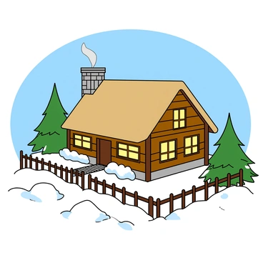 A quaint cottage with a thatched roof and wooden walls, nestled in a snowy landscape. The windows of the cottage are warmly lit, giving a cozy feel. Smoke is curling lazily from the stone chimney, creating a soft trail in the clear blue sky. Surrounding the cottage, there are mounds of snow covering the ground, and a few evergreen trees with snow dusting their branches. In the foreground, there are small snowdrifts, and a wooden fence partially buried in the snow outlines the property.