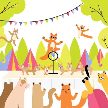 A small circus stage set in a vibrant forest clearing. In the center, a lively squirrel is balancing on a unicycle, showcasing its tricks with great skill. Surrounding the squirrel is a ring of acrobatic squirrels, some are mid-air doing flips, while others are standing on their hind legs, cheering and clapping their tiny paws. Colorful circus banners hang above, fluttering gently in the breeze. The scene is filled with a sense of excitement and playful energy, as the audience of woodland creatures watches in delight.