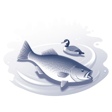 A large, detailed illustration of a "largemouth bass" swimming gracefully just below the surface of a lake. The fish has a pronounced jaw and a sleek body, with its fins splayed out as it moves through the water. Above the water, a "loon" is perched on the surface, its distinctive black and white patterned feathers clearly visible. The bird is calmly looking around, its elongated body floating effortlessly. The lake features gentle ripples around the fish and the bird, creating a sense of harmony in the scene. Surrounding elements include faint outlines of trees or foliage along the water's edge, adding depth to the composition.