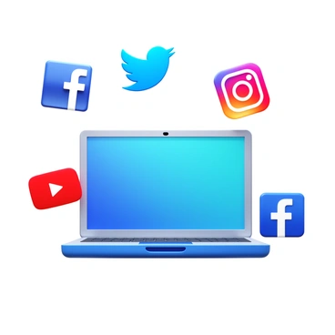 A laptop displayed in the center with a sleek, modern design. Various social media icons, such as a bird for Twitter, a camera for Instagram, a video play button for YouTube, and a blue thumbs up for Facebook, are floating around the laptop. The icons are in vibrant colors, with a glossy finish that reflects light. The background is a soft gradient to enhance the focus on the laptop and icons.