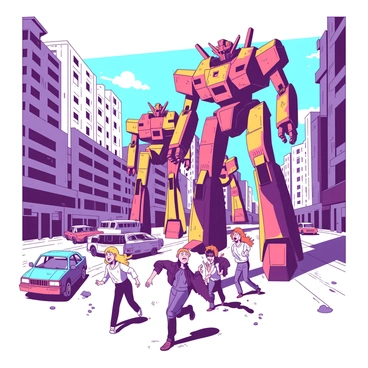 A group of giant robots, towering over the buildings, is marching into a city with heavy metal footsteps. The robots are painted in a blend of colors, showcasing metallic surfaces that reflect sunlight. In the foreground, terrified citizens are running away, with expressions of fear and panic on their faces. Some citizens are tripping over one another, while others are looking back towards the advancing robots. The street is filled with debris, and several vehicles are abandoned in haste, adding to the chaotic scene.