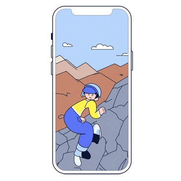 A character with a sporty outfit is scaling a steep, rugged mountain. The character has a determined expression while gripping onto a rocky surface. The mountain's texture is detailed with jagged edges and a mixture of gray and brown colors. At the top of the mountain, the view opens up to a panoramic landscape, showcasing rolling hills and distant peaks under a clear blue sky. There are small, fluffy clouds scattered throughout the sky. The mobile game interface is subtly displayed at the corners of the image.