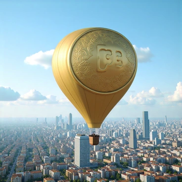 A hot air balloon designed to resemble a large coin, featuring intricate engravings and a shiny metallic surface. The balloon is floating high above a sprawling cityscape filled with various buildings, including skyscrapers and smaller houses. The sky is a bright blue, with a few fluffy white clouds scattered throughout. Below, the city is bustling with activity, with tiny figures walking along the streets and colorful vehicles moving through the roads. The balloon casts a gentle shadow on the roofs of the buildings.