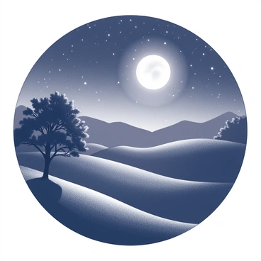 A night scene illuminated by the moonlight. The landscape features rolling hills under a clear sky filled with stars. The moon is prominently positioned, casting silver light across the terrain. In the foreground, there is a silhouette of a large tree with sprawling branches. Further back, the hills create a rounded perspective that curves around the edges, creating a distorted effect typical of a fish-eye lens. The overall composition highlights the tranquility of the night environment.