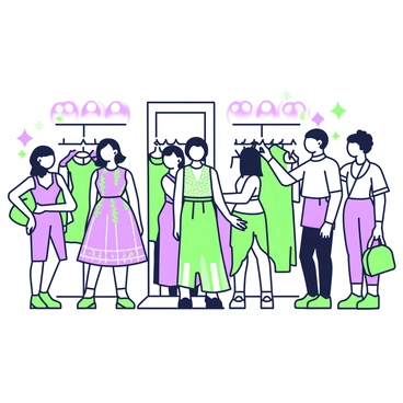 A group of models and stylists are busily moving around backstage at a fashion show. Several models are standing in front of large mirrors, adjusting their hair and makeup, while stylists are applying finishing touches to outfits. One model is wearing a vibrant dress with intricate patterns, while another is dressed in a sleek, modern outfit. Various pieces of clothing are hanging on racks nearby, showcasing a range of styles from elegant gowns to contemporary streetwear. The atmosphere is energetic, with people talking and preparing for the upcoming runway show. In the background, there are bright lights and scattered accessories, creating a dynamic scene filled with fashion preparations.