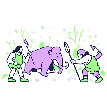 A group of cavemen is depicted in a snowy landscape, actively hunting a mammoth. In the foreground, three cavemen are poised with spears, their muscles tensed in preparation for the hunt. One caveman stands to the left, wearing a fur tunic and gripping a spear with a pointed tip. Another caveman, positioned slightly behind, has long hair and a determined expression as he crouches low, ready to launch his spear. The mammoth is in the center of the scene, its massive body covered in thick fur, with large tusks curving outward. Snowflakes scatter through the air, and the ground is blanketed in fresh snow, glistening under the pale light. In the background, sparse trees are visible, their branches heavy with snow.