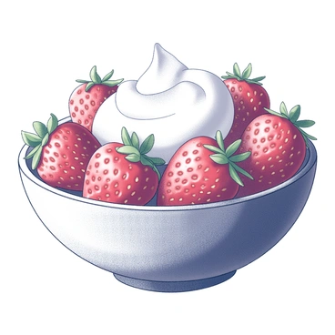 A round ceramic bowl filled with fresh strawberries. The strawberries are plump and glossy, with their green leafy tops intact. There is a generous dollop of fresh cream on top of the strawberries, creating a creamy texture that contrasts with the fruit. The bowl is placed on a textured wooden surface, adding a rustic feel to the composition.