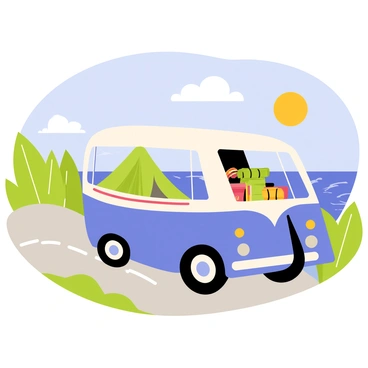 A retro van with a vibrant blue and white exterior, featuring a distinctive rounded shape, drives along a winding coastal road. The van's windows are partially open, allowing a glimpse of camping gear inside, including a green tent, rolled sleeping bags, and a cooler. Lush greenery borders the road on one side, while the sparkling blue ocean is visible on the other side, with gentle waves lapping at the shore. A bright sun is shining in the clear sky, and a few fluffy white clouds drift by, adding to the joyful atmosphere of a summer adventure.
