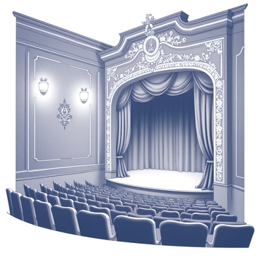 An opulent theater interior featuring elaborate art nouveau decorations. The walls are adorned with intricate floral motifs and curvilinear patterns. Ornate light fixtures hang gracefully from the ceiling, showcasing detailed craftsmanship. Plush velvet seating is arranged in a semi-circle facing the stage. The stage itself is framed by elaborately carved proscenium archways. Rich textures and patterns are evident in the drapery and upholstery throughout the space.