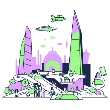 A futuristic cityscape occupies an A3 illustration board. Tall buildings with sleek designs stretch towards the sky, featuring a mix of sharp angles and rounded edges. Floating vehicles zip through the air above the streets, showcasing various shapes including discs and elongated crafts. Below, the city is filled with intricate pathways and hovering platforms. There are illuminated signs attached to the buildings, displaying various symbols. The scene is bustling with activity, as small groups of people interact in the streets and on the platforms. A large, domed structure is visible in the distance, suggesting a central hub for transportation or community.