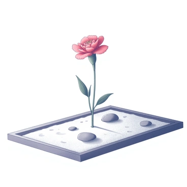 A small zen garden featuring a carefully raked area of white sand. The sand is smooth, with subtle patterns created by the rake. In the center, there is a single "red carnation" planted upright. The flower stands out prominently against the white sand, with its layered petals unfurling gracefully. Surrounding the plant, there are a few carefully placed stones, adding balance and harmony to the overall composition of the garden.