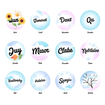 Twelve distinct circular illustrations represent each month of the year, showcasing various moods. In the June illustration, there are vibrant sunflowers and a bright sun radiating warmth, symbolizing "joy." The November illustration features bare trees with falling leaves and a cloudy sky, suggesting "reflection." Each month is surrounded by a gradient pastel color scheme that transitions smoothly between the different moods, with visual elements that represent seasonal changes, such as snowflakes for December and blooming flowers for April. Each circle is labeled with the month's name in an elegant font.