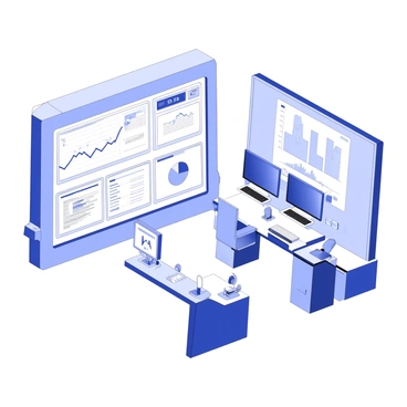 A futuristic control room filled with high-tech equipment. The main feature is a large digital dashboard that displays various intranet activity metrics and analytics. The dashboard includes graphs, charts, and numerical data, all illuminated on sleek screens. Multiple monitors line the walls, showcasing live feeds of system performance. In the center, there are ergonomic workstations with advanced input devices. The room is designed with a minimalist aesthetic, featuring smooth lines and a spacious layout. A large window provides a view of a city skyline in the distance.