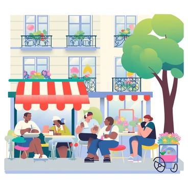 A bustling Parisian street is filled with activity, showcasing a charming outdoor café with small round tables and colorful chairs. Patrons are sitting at the tables, enjoying coffee and pastries. Some are engaged in conversation, while others are reading books or working on laptops. The café has an awning with a red and white stripe pattern, providing shade to the guests. Nearby, a street vendor is selling fresh flowers, adding vibrant colors to the scene. Classic Parisian architecture lines the street, with balconies adorned with potted plants and wrought iron railings. A beautiful tree casts dappled sunlight over the scene, enhancing the lively atmosphere.