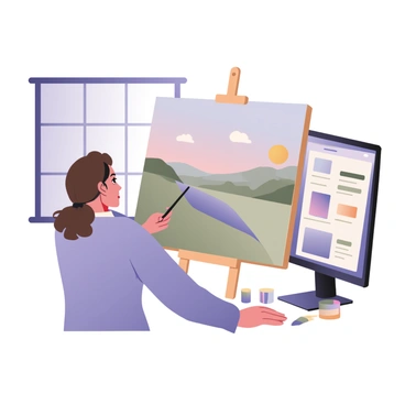 A digital flat illustration featuring an artist focused on painting on a large canvas. The artist is wearing a light blue smock and has curly brown hair tied back. The canvas displays a vibrant landscape scene in progress. To the right, a modern computer screen shows various color palettes being generated, with swatches of blues, greens, and yellows displayed prominently. The workspace is cluttered with paint tubes and brushes scattered on a small table. Soft, natural light filters in from a window behind the artist, illuminating the scene.