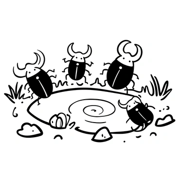 A family of "Hercules beetles" is positioned around a small "puddle" on the ground. Each beetle displays distinct characteristics, such as their large, curved horns and rugged exoskeletons. Some beetles are on the edge of the puddle, while others are partially submerged, creating ripples in the water. Surrounding the puddle is a textured terrain of soil and small rocks, adding detail to the scene. A few blades of grass frame the puddle, emphasizing the natural setting.