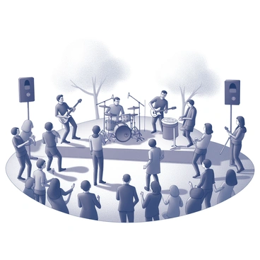 An outdoor concert scene is taking place in a park setting. A band is performing on a stage, with several musicians playing various instruments such as guitars, drums, and keyboards. The lead singer is positioned at the front, engaging with the audience. The crowd consists of diverse individuals, some are dancing, while others are clapping along to the rhythm of the music. People are gathered closely together, showcasing a sense of excitement and enjoyment. There are trees in the background, and the area is filled with a festive atmosphere.