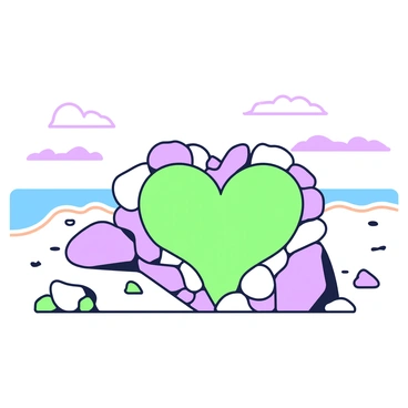 A heart-shaped stone formation is situated at the edge of a tranquil beach. The formation is composed of various smooth, rounded stones, each contributing to the overall shape. The surrounding sandy beach is clear and undisturbed, with gentle waves lapping at the shore nearby. In the background, there are a few scattered seashells and small pieces of driftwood. The sky above is clear with a few wispy clouds, and the horizon stretches out in the distance.