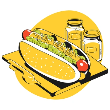 A classic Chicago-style hot dog in a poppy seed bun resting on a wooden cutting board. The hot dog is topped with yellow mustard, a generous layer of bright green relish, diced onions, sliced tomatoes, and a kosher pickle spear. A sprinkling of celery salt is visible on top. In the background, there are jars containing additional toppings like sport peppers and more relish, along with a small knife and cutting board used for preparation.