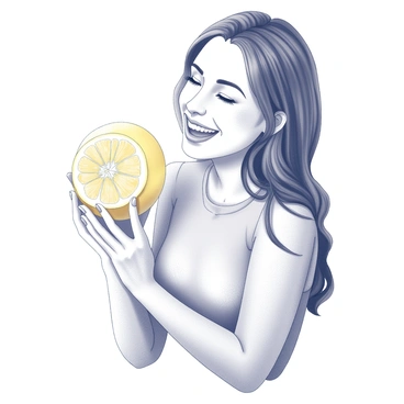 A woman is holding a sliced citron in her hands. She has a joyful expression on her face as she brings the fruit closer to her nose, inhaling its fresh scent. The citron has a textured yellow rind and a vibrant interior, showcasing its juicy segments. The woman's hair is styled in loose waves, and she is wearing a casual, light-colored outfit. The background is softly blurred, emphasizing her interaction with the fruit.