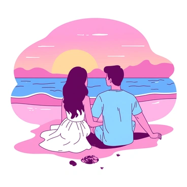 A couple is sitting close together on a sandy beach, with their silhouettes visible against the backdrop of a vibrant sunset over the ocean. The sky is painted with shades of orange and pink blending together, reflecting on the calm water. The couple is holding hands, with the woman wearing a flowing white dress and the man in a casual blue shirt. The waves gently lap at the shore, and a few seashells are scattered in the sand around them.