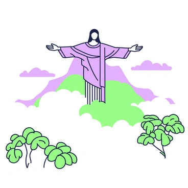 A view of "Christ the Redeemer" statue emerging through dense fog on "Corcovado Mountain." The statue is large and iconic, with arms outstretched towards the sky. Surrounding the statue, the fog creates a mysterious atmosphere, partially obscuring the lush green vegetation of the mountain. The silhouette of the mountain is visible, rising against the cloudy backdrop. In the foreground, hints of tropical plants and trees can be seen, blending into the thick fog that envelops the scene.