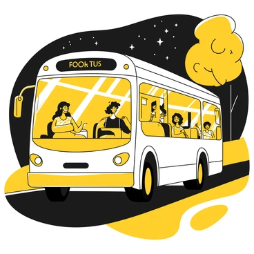 A bus with a white exterior is in motion on a dark road, showcasing its illuminated interior that casts a warm glow. Inside the bus, several passengers are seated, engaged in conversation and laughter. They are dressed in evening attire, with some holding small bags. The windows of the bus reveal a night sky outside, dotted with stars. The bus is surrounded by shadows of trees lining the roadside, creating a contrast with the bright light emanating from within.