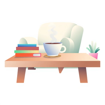 A wooden table is set in the center of the image. On the table, there is a white ceramic coffee cup filled with steaming coffee. Next to the cup, there is a stack of three books with colorful spines, the top book being a deep red color. A small round coaster in a natural wood finish is placed under the cup. The surface of the table appears polished and shows the grain pattern of the wood. Soft, diffused light is illuminating the scene, creating a warm and inviting atmosphere. In the background, there are hints of a plush armchair and a small potted plant.