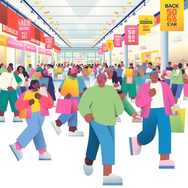 A crowded shopping mall is filled with people moving quickly towards various stores on Black Friday. Shoppers of diverse backgrounds are carrying large bags filled with purchases. Some individuals are holding sale flyers, while others are checking their phones for deals. Brightly colored decorations hang from the ceiling, and large banners advertising discounts are displayed prominently throughout the mall. In the background, a large, busy food court is visible, with people seated at tables enjoying snacks. The energy of excitement and urgency is palpable as shoppers navigate through the bustling aisles.
