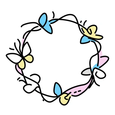 A mirror with a reflective surface, encircled by a frame designed in the shape of intertwining butterflies. The butterflies are intricately detailed, showcasing delicate wings with patterns of lines and curves. Each butterfly is positioned at various angles, giving a sense of movement and harmony. The frame is primarily in soft pastel colors, with hints of light blue, pink, and yellow, enhancing the whimsical appearance of the piece.