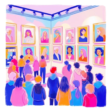 An art gallery is set up to display a series of portraits. Each portrait showcases an individual with a unique gender identity, capturing a wide range of expressions and styles. The gallery walls are adorned with various frames, some ornate and others minimalist, accentuating each artwork. The lighting is bright, illuminating the colors of the portraits, which feature a diverse array of skin tones, hairstyles, and clothing styles. In the foreground, a small crowd of visitors is observing the artwork, engaged in discussion, highlighting the sense of community and appreciation for diversity.