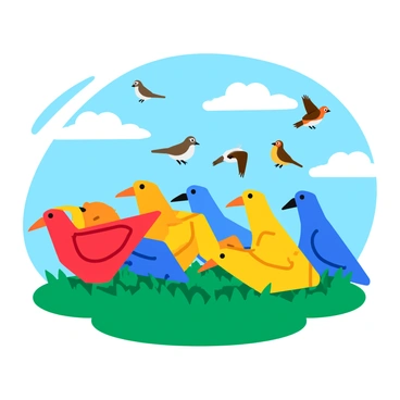 A group of colorful origami birds in various shades, such as red, blue, and yellow, is positioned on a grassy area. Each origami bird is in the process of unfolding, revealing intricate folds and patterns, while a few of them begin to lift off the ground. In the background, real birds such as sparrows and robins are seen soaring into the sky, blending harmoniously with the unfolding origami. The scene captures the dynamic moment of transformation from paper to life, with a bright blue sky overhead and soft clouds scattered around.