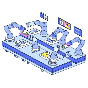 A high-tech factory floor with a sleek design. The floor is filled with various robotic arms working in unison. Each robot has metallic surfaces and bright LED lights indicating their operational status. In the center, there are conveyor belts transporting items through the assembly process. Nearby, there are screens displaying production statistics and robotic controls. The atmosphere is organized and efficient, showcasing the advanced technology at work.