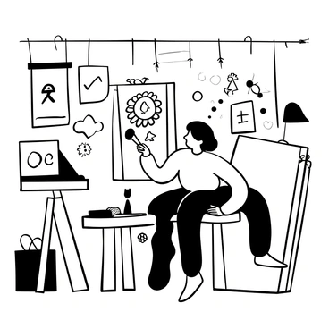 An art student seated in a well-lit studio, surrounded by various art supplies scattered around. The student is focused on a large white canvas, applying black ink with a brush, creating intricate patterns and shapes. Several sketches and illustrations are pinned on the walls, showcasing their ideas and concepts. A palette with black ink and brushes rests on a nearby table, with a few blank canvases stacked against the wall.