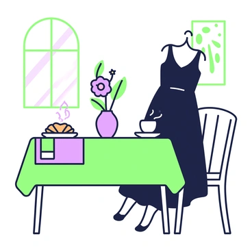 A classic black dress is elegantly draped over the back of a wooden chair at a breakfast table. The table is set with a green tablecloth and has a purple vase in the center, holding a bouquet of flowers. To one side of the table, there is a plate with a croissant and a cup of steaming coffee. A pair of green and purple napkins are neatly folded beside the plate. Light streams in through a nearby window, casting shadows that enhance the details of the dress and the table setting.
