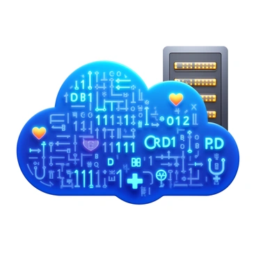 A cloud of digital data composed of glowing binary code and various medical symbols, such as hearts and stethoscopes. The data swirls and forms a vibrant cloud shape, suggesting movement and energy. In the background, a secure server is visible, designed with sleek metallic surfaces and illuminated LED lights, emphasizing the high-tech aspect. The entire scene conveys a sense of security and advanced technology in healthcare.