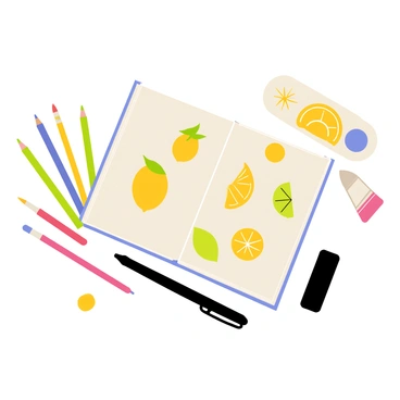 A sketchbook open to a page displaying vibrant "lemon illustrations" in various styles. Surrounding the sketchbook are art supplies, including a set of "colored pencils" in a range of hues, a "paint palette" with splashes of yellow, green, and white paint, and a few "brushes" with different sizes. A "black fine-liner pen" lies next to the sketchbook, while a small "eraser" is positioned nearby. The background is a simple surface that enhances the focus on the supplies and the sketchbook.