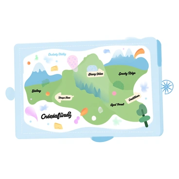 An illustrated map displays a fictional land divided into several distinct regions, each known for producing unique cheeses. The map includes vibrant landscapes such as rolling hills, lush valleys, and rocky mountains. Labels adorn each region, clearly indicating names such as "Creamy Valley," "Sharp Ridge," and "Smoky Forest." Small icons of various cheese types are scattered throughout the map, representing local specialties like "blue cheese" and "aged cheddar." Decorative borders frame the map, featuring cheese-related motifs like wheels of cheese and cheese knives. A compass rose is positioned in one corner, enhancing the navigational theme of the map.