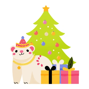 A colorful baluchon decorated with various holiday ornaments sits nestled under a green Christmas tree. The baluchon features vibrant red and gold ornaments, sparkling tinsel, and a shiny star on top. The Christmas tree is adorned with twinkling fairy lights and a mix of colorful baubles. Surrounding the base of the tree, there are wrapped gifts in shiny paper with big bows, adding to the festive atmosphere.