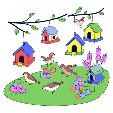 A quaint garden with a variety of colorful birdhouses, each painted in bright hues of red, blue, yellow, and green. The birdhouses are hanging from tree branches and scattered across flower beds. Small sparrows with brown and white feathers are perched on the birdhouses and hopping around the lush green grass. The garden is adorned with blooming flowers in shades of pink, purple, and orange, contributing to the lively atmosphere.
