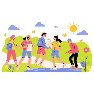 A group of five friends is depicted in a vibrant landscape filled with oversized flowers and playful clouds. Each friend has a distinct appearance: one has curly red hair and is wearing a blue backpack, another has glasses and is holding a map, the third is wearing a yellow hat and laughing, the fourth has pigtails and is skipping, and the fifth is biking on a small path. They are surrounded by bright, colorful butterflies fluttering around them, adding to the sense of whimsy and adventure. In the background, there are rolling hills and a sparkling river that reflects the sun.