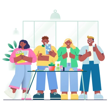 A diverse team of four individuals is gathered in a bright, modern office space to welcome new clients. Each team member has a big smile on their face, radiating enthusiasm. The first team member, a woman with short black hair, is holding a colorful welcome kit that includes brochures and gift items. The second member, a man with curly brown hair, is gesturing toward the welcome kit while expressing excitement. The third member, a woman with long blonde hair, is standing beside a small table adorned with decorative plants and refreshments. The fourth team member, a man with glasses and a light blue shirt, is giving a thumbs-up. The ambiance is lively and inviting, with natural light streaming through large windows.