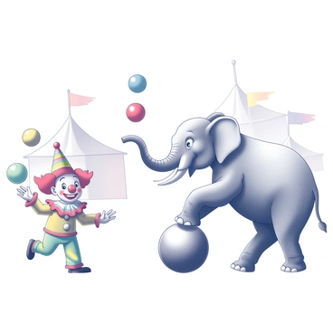 A lively circus scene. In the foreground, a clown with a big red nose and colorful oversized clothes is juggling several vibrant balls in the air. The clown has a cheerful expression, showcasing a big smile. In the center, an elephant is elegantly balancing on a large ball, using its trunk for extra support. The elephant has a playful demeanor, with its ears slightly flared and eyes wide open, conveying a sense of joy. Surrounding the performers, there are various circus props, including colorful tents and flags, creating a festive atmosphere.
