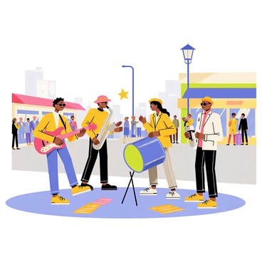 A group of five musicians gathers on a street corner, forming a lively ensemble. One musician is playing a red electric guitar, while another plays a shiny silver saxophone. A third member is beating a vibrant blue bongo drum, surrounded by colorful music sheets strewn on the ground. A singer holds a microphone, wearing sunglasses and a bright orange hat. The scene is filled with a small crowd of onlookers, smiling and clapping along to the upbeat music. The street is lined with colorful storefronts, and a streetlamp stands in the background.
