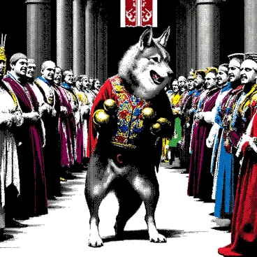 A wolf is standing on its hind legs in the center of a medieval court, wearing a colorful jester's outfit that includes a pattern of bells and a hat with pointed tips. The wolf has a playful expression, its mouth slightly open as if about to perform a trick. The court surrounding the wolf is filled with noble figures in elaborate attire, including men and women adorned with rich fabrics and intricate jewelry. Some nobles are laughing while others look surprised at the sight of the wolf. The background features tall stone walls and banners hanging from the ceiling, creating an atmosphere of grandeur.