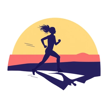 A dark silhouette of a person running is set against a vibrant background featuring a gradient of two contrasting colors, creating a dynamic atmosphere. The figure is in mid-stride, with arms pumping and legs extended, conveying a sense of urgency and motion. The horizon line stretches across the image, where the colors blend into one another, suggesting a vast open space ahead. The silhouette is detailed enough to indicate the person's flowing hair and athletic clothing, enhancing the feeling of escape and freedom.