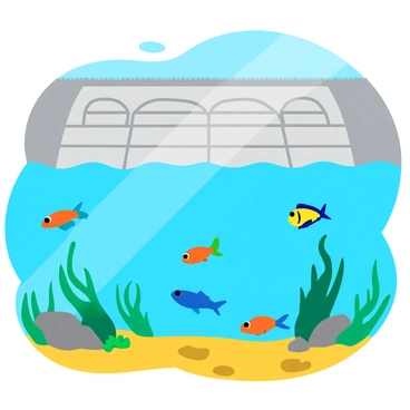 A vibrant underwater scene in Lake Mead, featuring various colorful fish swimming among the submerged plants. The fish are depicted in shades of orange, blue, and yellow, moving gracefully through the clear water. Above the waterline, the imposing structure of the dam is visible, showcasing its concrete texture and large, strong arches. Sunlight filters down from the surface, creating shimmering patterns on the sandy lakebed below.
