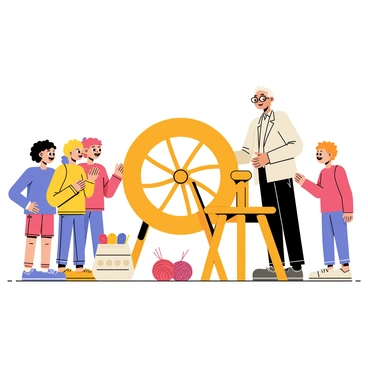A group of five children with diverse hair colors and styles are gathered around a large wooden spinning wheel. The spinning wheel is intricately carved, with a smooth handle and a bag of colorful fibers beside it. An elderly person with a warm smile and gray hair is demonstrating the spinning technique, gently guiding one of the children’s hands. The children are wearing casual, colorful clothing, showing expressions of curiosity and excitement. A few spools of yarn in various shades are placed around the spinning wheel, enhancing the scene of learning about the art of spinning.