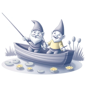 Two vintage gnomes sitting in a small rowboat. The gnome on the left is wearing a pointy hat and has a long beard, while the gnome on the right is sporting a cheerful grin and a bright outfit. They are holding fishing rods, intently watching the water. The pond is calm, with numerous lily pads floating on the surface, featuring closed yellow flowers. The setting is surrounded by tall grass and a few trees in the distance.